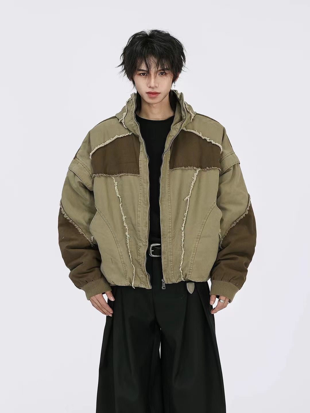 Zip-Front Oversized Hooded Jacket – Beige and brown patches