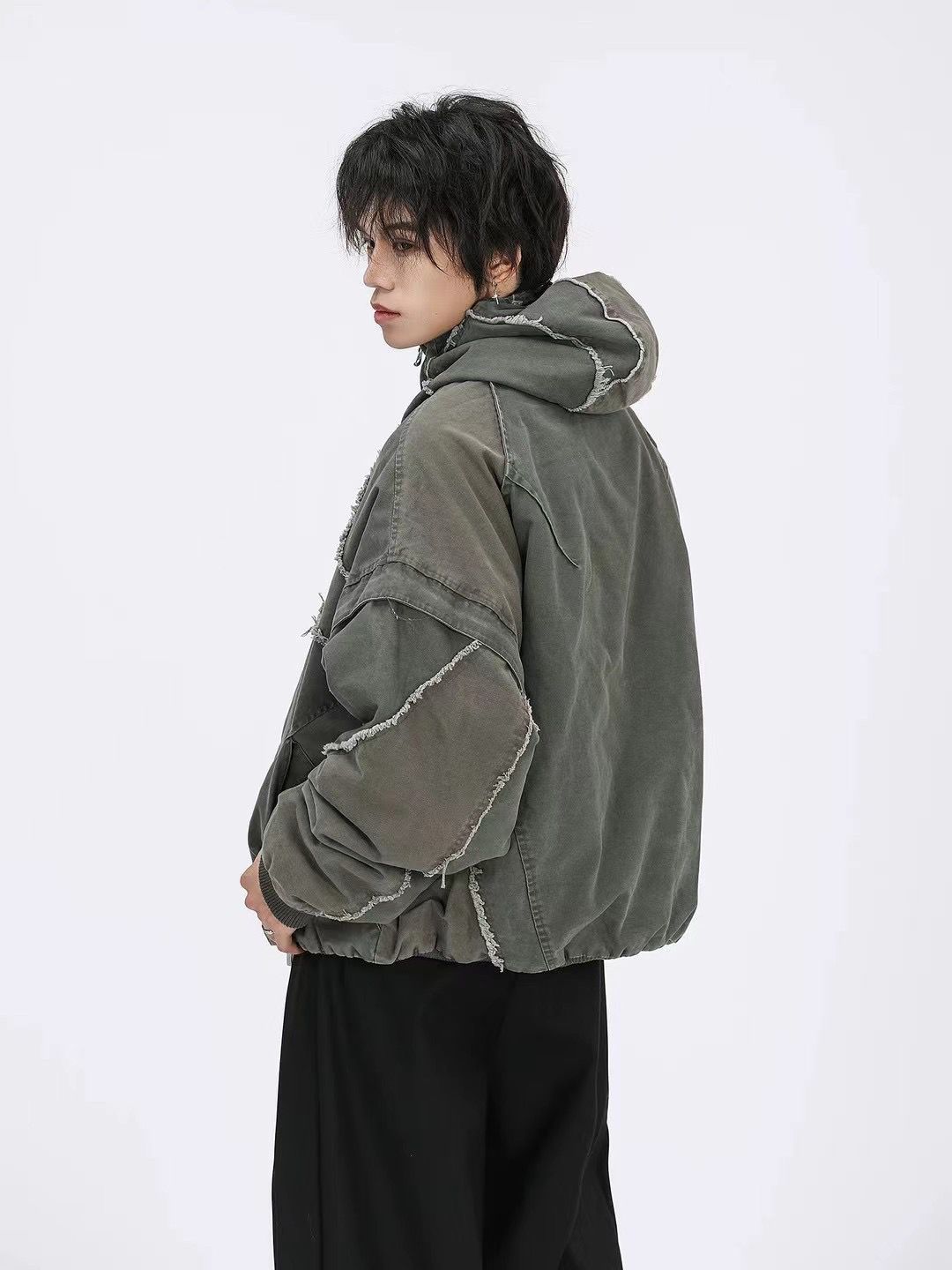 Zip-Front Oversized Hooded Jacket - Patched up Dusty Olive