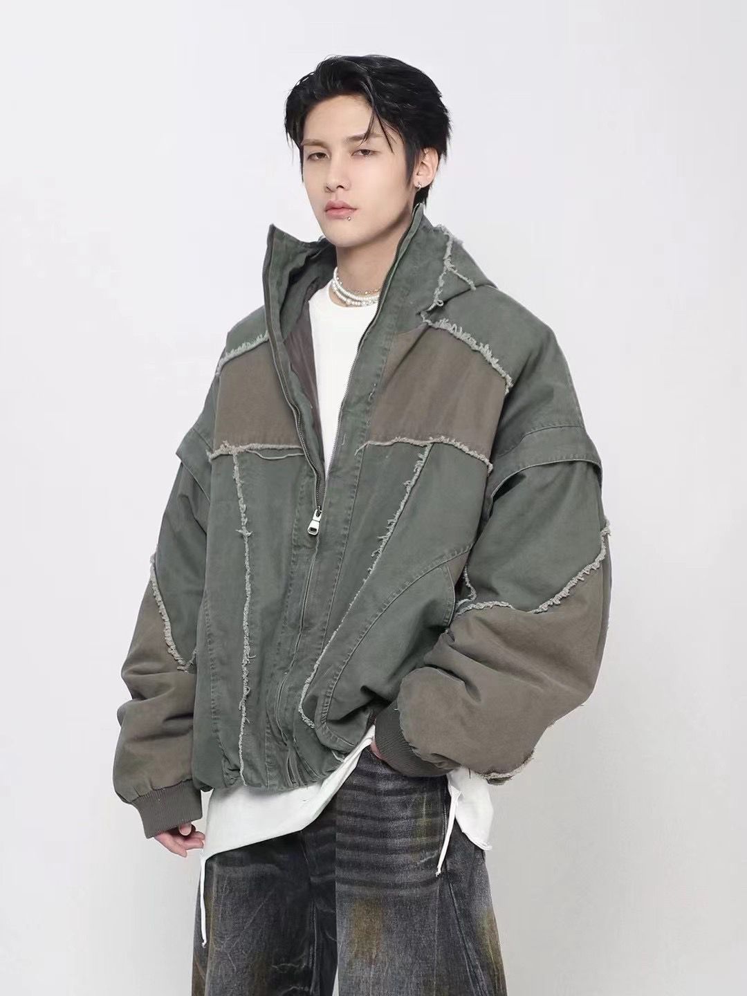 Zip-Front Oversized Hooded Jacket - Patched up Dusty Olive