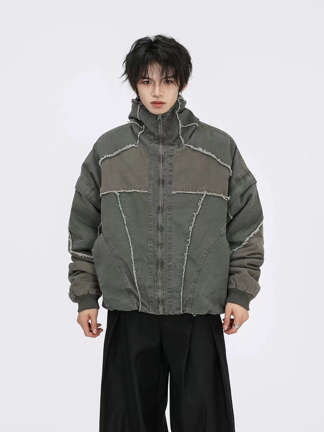 Zip-Front Oversized Hooded Jacket - Patched up Dusty Olive