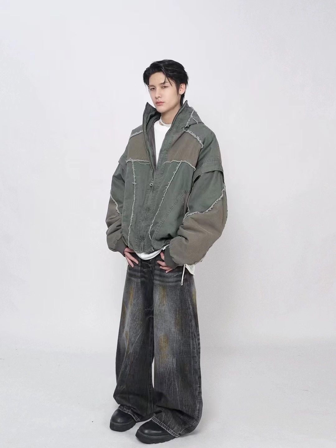 Zip-Front Oversized Hooded Jacket - Patched up Dusty Olive