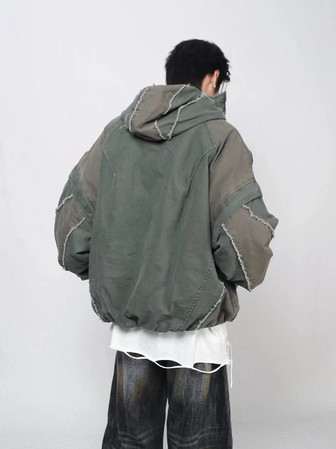 Zip-Front Oversized Hooded Jacket - Patched up Dusty Olive