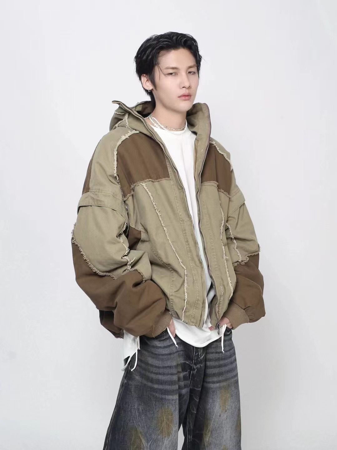 Zip-Front Oversized Hooded Jacket – Beige and brown patches