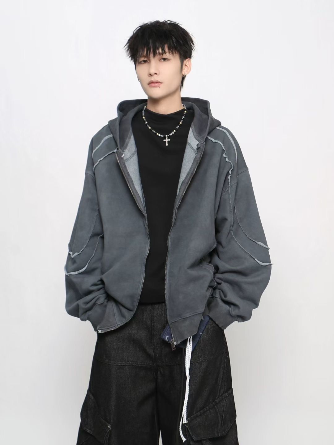 Zip-Front Oversized Hooded Jacket – Grey